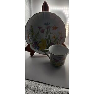 Seymour Mann Day Lily Snack Plate and Cup Set Floral Porcelain Scalloped Edge